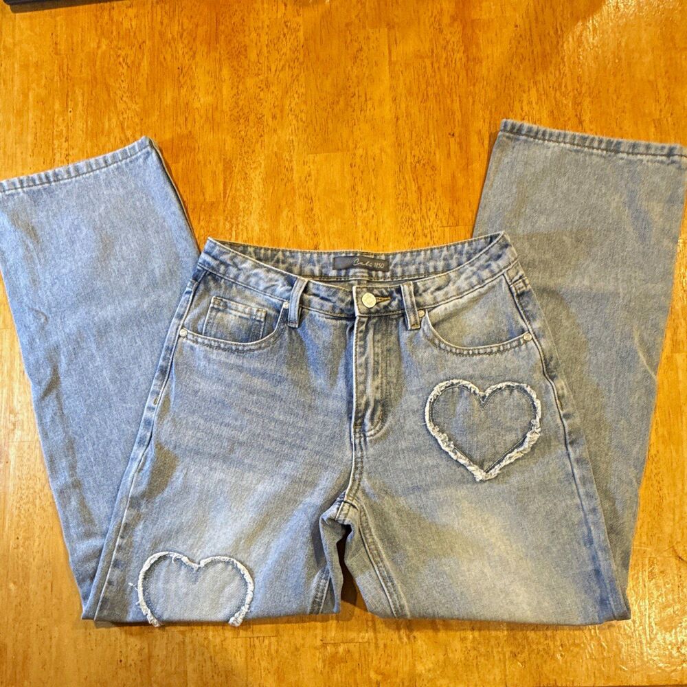 Cali 1850 Women's Blue Light Wash Denim wide Jeans High Rise Heart Sz 7/28